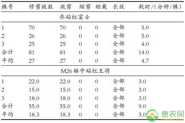 年生不同砧穗组合红富士树修剪耗时